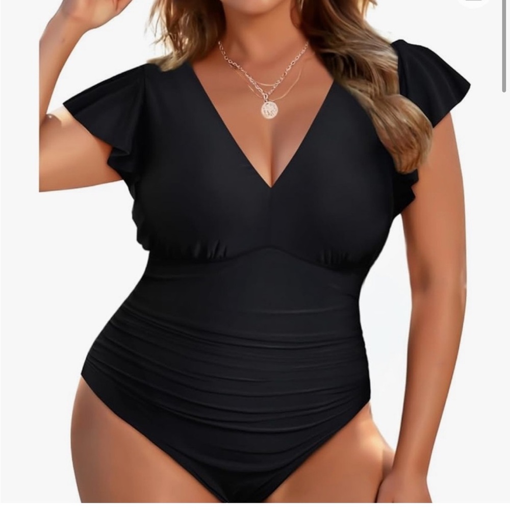 Yonique Elegant Black Ruffle Swimsuit